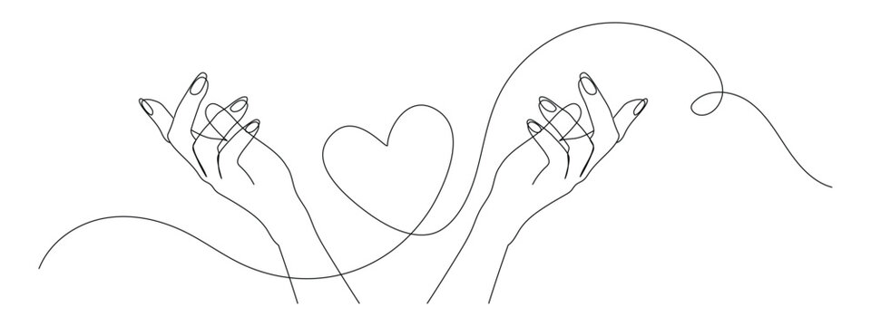 One continuous line drawing of hand holding heart. Concept of love relationship and charity volunteer organization symbol in simple linear style. Editable stroke. Doodle Vector illustration