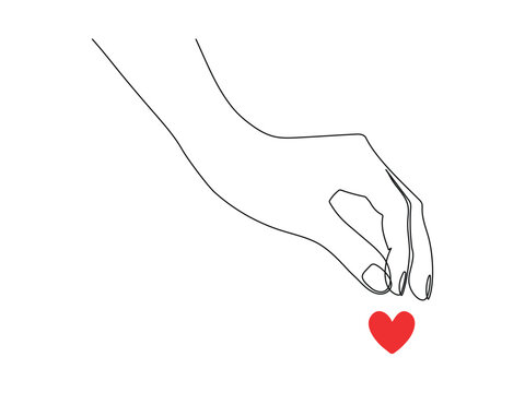 One continuous line drawing of hand holding heart. Concept of love relationship and charity volunteer organization symbol in simple linear style. Editable stroke. Doodle Vector illustration.