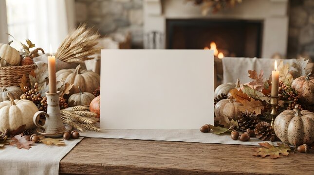 Blank paper card mockup surrounded by autumn decor, pumpkins, candles, wheat, and dry leaves on a rustic wooden table