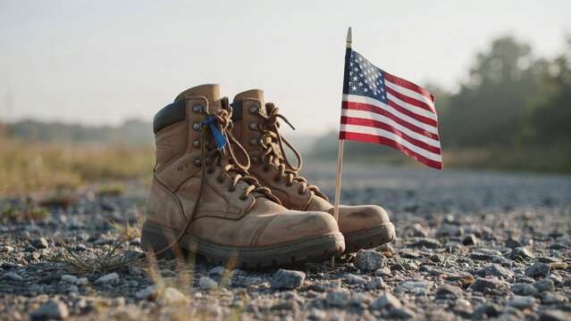 Military boots with small American flag on gravel path symbolizing patriotism