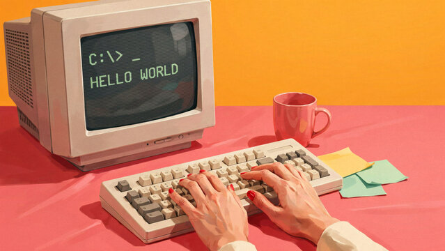 Programmer typing Hello World on vintage computer keyboard with colorful notes