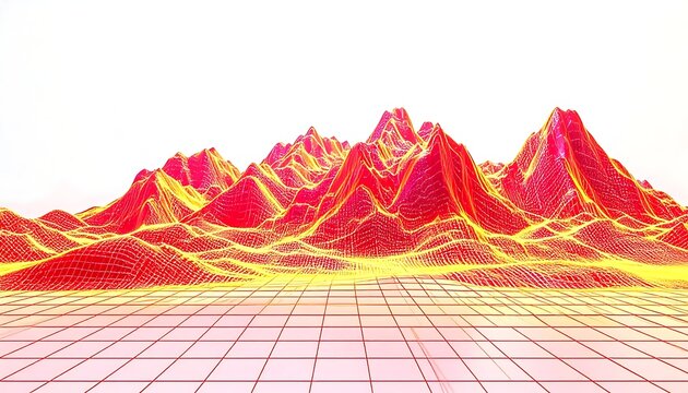 Abstract Digital Landscape with Fiery Mountain Peaks Illuminated by Neon Light and Grid Horizon