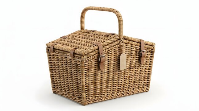 Traditional Indonesian hand-woven rattan picnic basket with leather straps and double lids, showcasing authentic craftsmanship of natural wicker material, isolated on a white background.