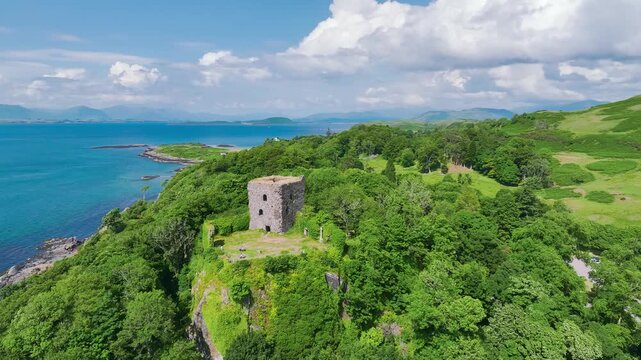 Dunollie Castle from a drone, Oban, Argyll and Bute, Scotland, UK