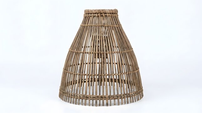 Traditional Indonesian handmade bamboo woven fish trap called bubu isolated on white background, showcasing authentic cultural craftsmanship, rustic wooden texture and sustainable folk art