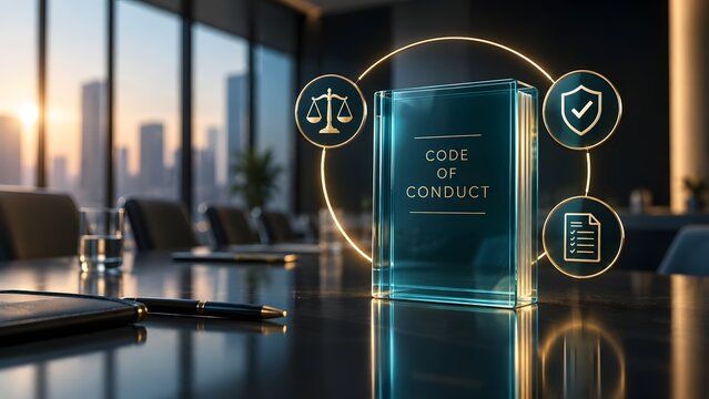 Glass book titled code of conduct with glowing justice and compliance icons on a boardroom table representing corporate ethics and business governance