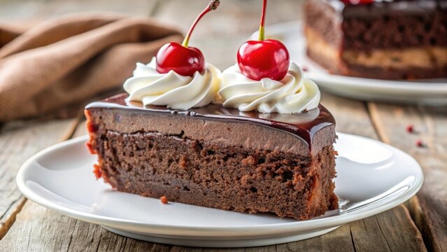 A decadent chocolate cake slice with cherry and whipped cream topping sat elegantly on a fine bone china plate