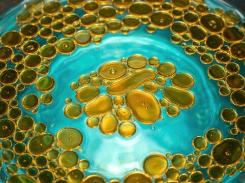 Oil Droplets in Turquoise Emulsion Abstract Macro Background