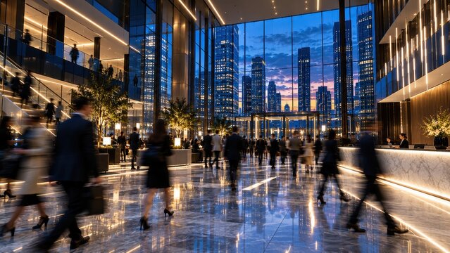 blurred business professionals walking through modern glass office lobby at dusk with warm lighting and city skyline