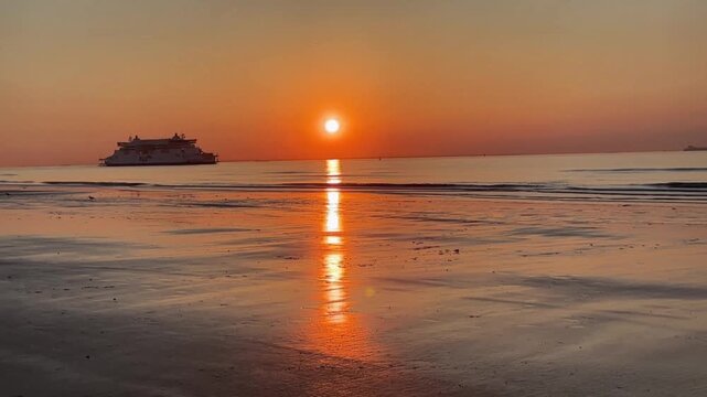 Romantic sunset over the sea with a ferry and reflecting water, ferry Calais to Dover, Calais. France