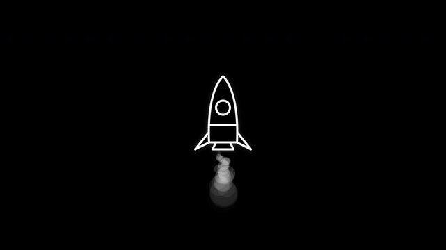 Minimalist outline rocket ship launching with smoke trail, transparent background alpha channel video
