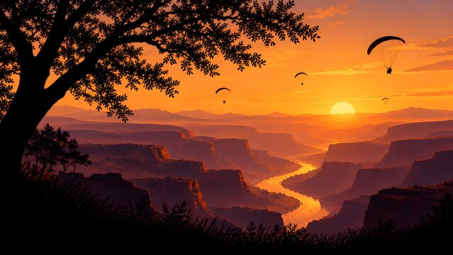 Paragliders flying at sunset over canyon landscape with golden light and copy space