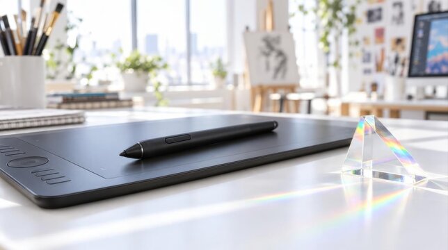 graphic drawing tablet with stylus and glass prism casting rainbow light on white desk in a bright creative art studio