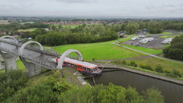 Filkirk Wheel from a drone, Forth and Clyde Canal, Falkirk, Scotland, UK