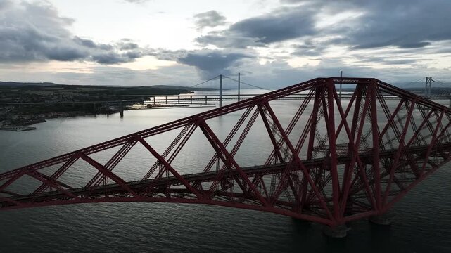 Forth Bridge from a drone, Queensferry Crossing, Forth Estuary, Scotland, United Kingdom