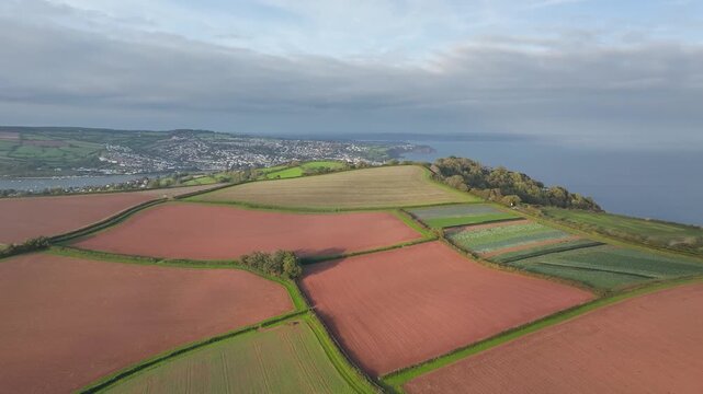 Colours of autumn Fields and Farms from a drone, Sheldon, Devon, England, United Kingdom