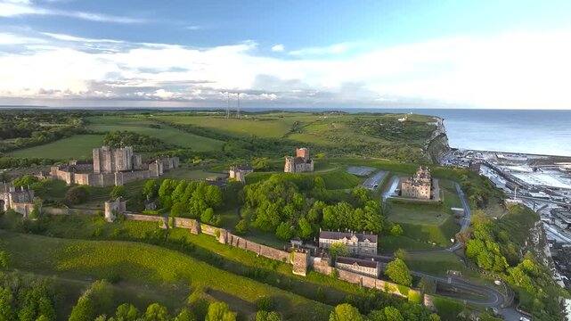 Dover Castle from a drone, White Cliffs, Dover, Kent, England, United Kingdom