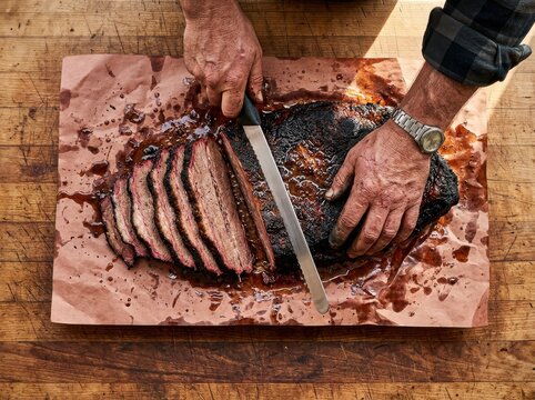 Smoked brisket sliced on butcher paper with hands and knife