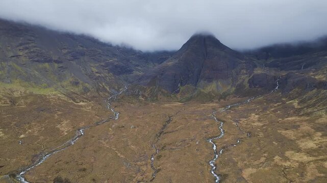 Fairy Pools and Waterfalls from a drone, Glen Brittle, Black Cuillin, Isle of Skye, Scotland, England, United Kingdom