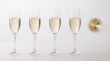 Fototapeta premium Four glasses of champagne with bubbles and a top view of one glass on a white background