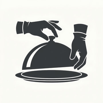 A waiter in gloves lifting a silver food cloche cover from a serving tray.