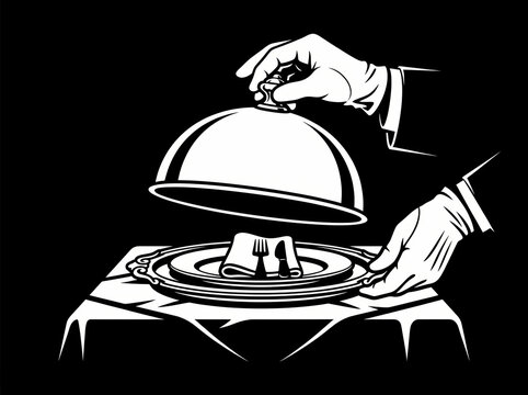 A waiter in white gloves serving a meal with a silver cloche on a table.