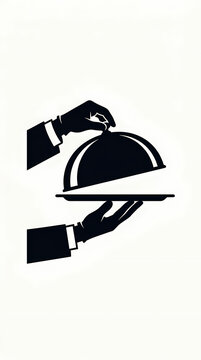 Minimalist vector illustration of a waiter serving a meal on a silver platter.
