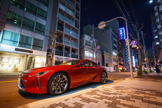 New 2018 Lexus LC500 Coupe car parked in Osaka at night 