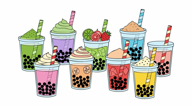 Cartoon illustration of various bubble teas