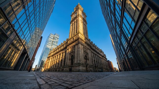 historic stone clock tower building surrounded by modern glass office facades on a cobblestone street