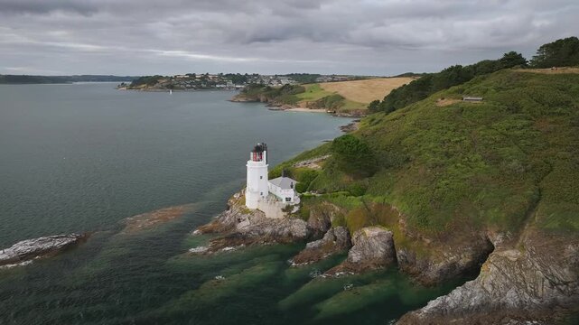 St Anthony Lighthouse from drone, Roseland peninsula, Head circular walk, Cornwall, UK