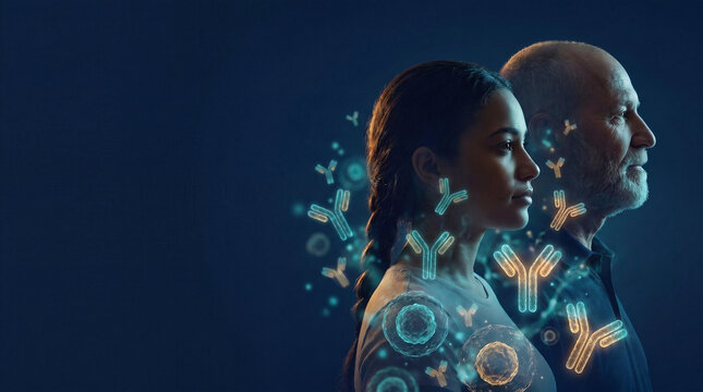 Conceptual medical portrait of a young woman and senior man in side profile with glowing 3D Y-shaped IgG antibodies and immune cells on a dark sapphire blue background with left copy space.