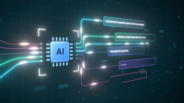 AI chip processing tasks and generating insights with glowing data streams and digital grid background