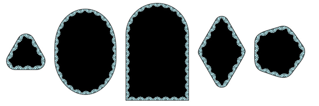 Cyan pearl scallop lace frames outline triangle, oval, arch, diamond plus pentagon borders on black as ornate Victorian textile trim for wedding invitations or modern craft label cards.
