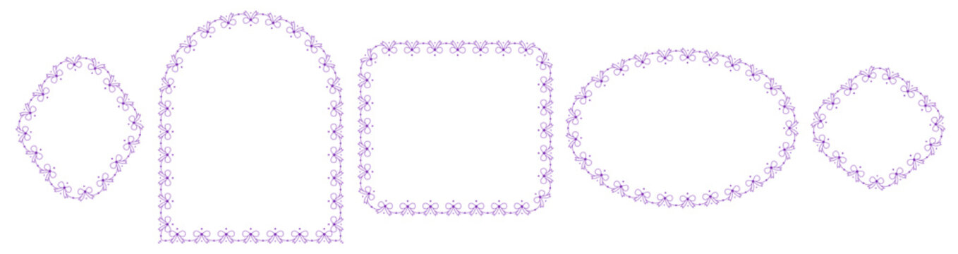 Purple bow lace border frame set featuring arch oval diamond square shapes, delicate ribbon garland trim isolated on white background vector illustration for invitations stationery scrapbook layouts