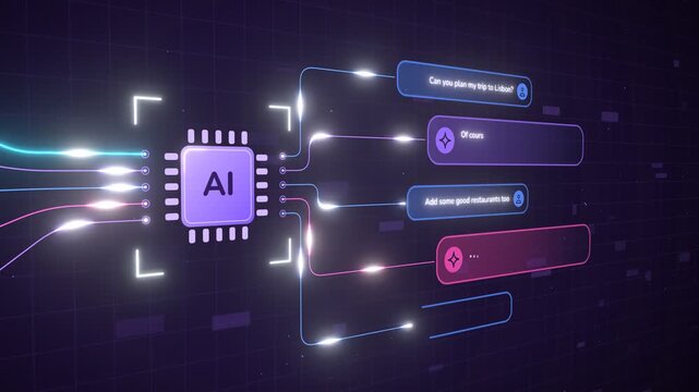 AI chatbot interaction showing travel planning with itinerary and restaurant suggestions on a digital grid background