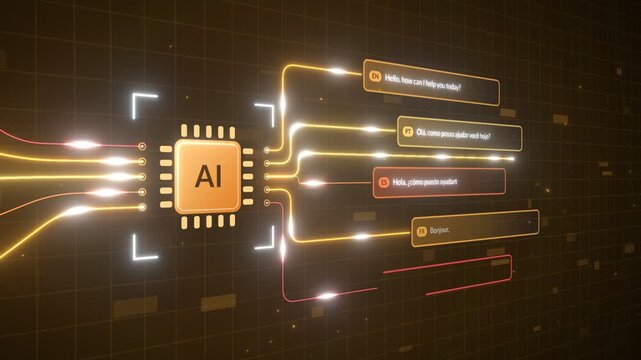AI chip processing multilingual chat messages in a futuristic digital network with glowing connections