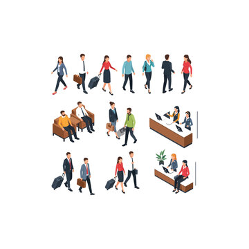 Isometric Collection of Travelers Walking with Luggage, Waiting in Seats and Speaking with Staff at Service Counters on a White Background
