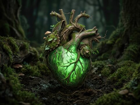 Wooden human heart made of branches on mossy rocks pumping green energy