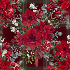 Fototapeta premium Seamless watercolor Christmas botanical pattern amaryllis and poinsettia flowers, holly leaves and berries, mistletoe, pomegranate, eucalyptus, and plaid ribbon isolated on a changeable background.