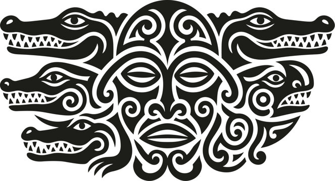 Sepik river tribal mask and crocodile pattern, traditional cultural ornament, solid black flat vector shapes isolated on white