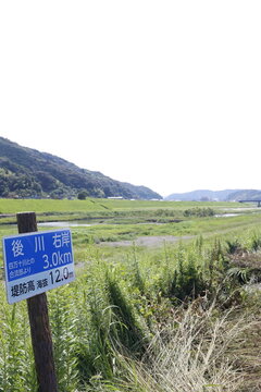 四万十市内の後川右岸の河川風景。四万十川合流部から3km、堤防高海抜12mの標識