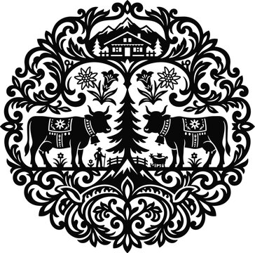 Swiss papercut ornamental pattern vector illustration with alpine flowers, cows, mountains, and symmetrical scrolls, solid black flat silhouette style