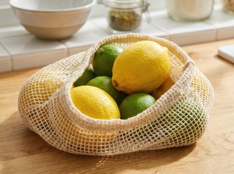 Fresh lemons and limes inside a reusable cotton mesh produce bag on a bright kitchen counter