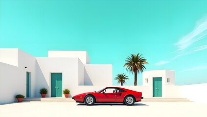Obraz premium Classic Red Sports Car Outside Mediterranean White Villa Minimalist Photography