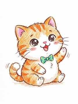 Cute Ginger Tabby Kitten Waving Hello with Bow Tie Crayon Drawing Style Illustration