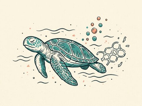Sea turtle swimming through plastic pollution illustration