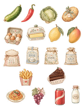 Notebook decorations, A Delightful Assortment of Fresh Ingredients and Delicious Treats: A charming collection of vibrant fruits, crisp vegetables, and pantry staples are artfully arranged.