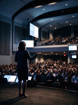 female speaker presenting on stage to a large audience in a multilevel auditorium during professional conference