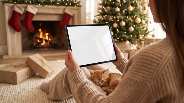 Woman Using Blank Screen Tablet for Christmas Online Shopping at Home with Kitten, Fireplace and Holiday Tree